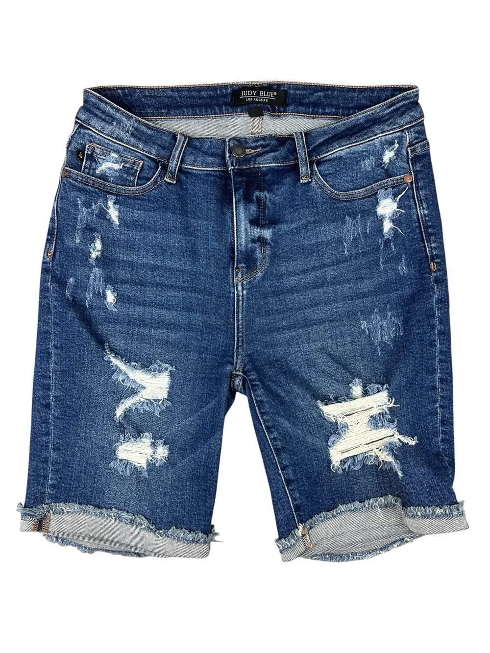 Judy Blue Shorts Women Large bermuda Distressed Denim Rolled Cuff Casual Stretch - Picture 1 of 10
